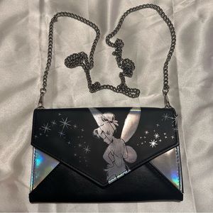 TINKERBELL POSE ENVELOPE CHAIN CLUTCH WALLET BLACK SILVER STRAP